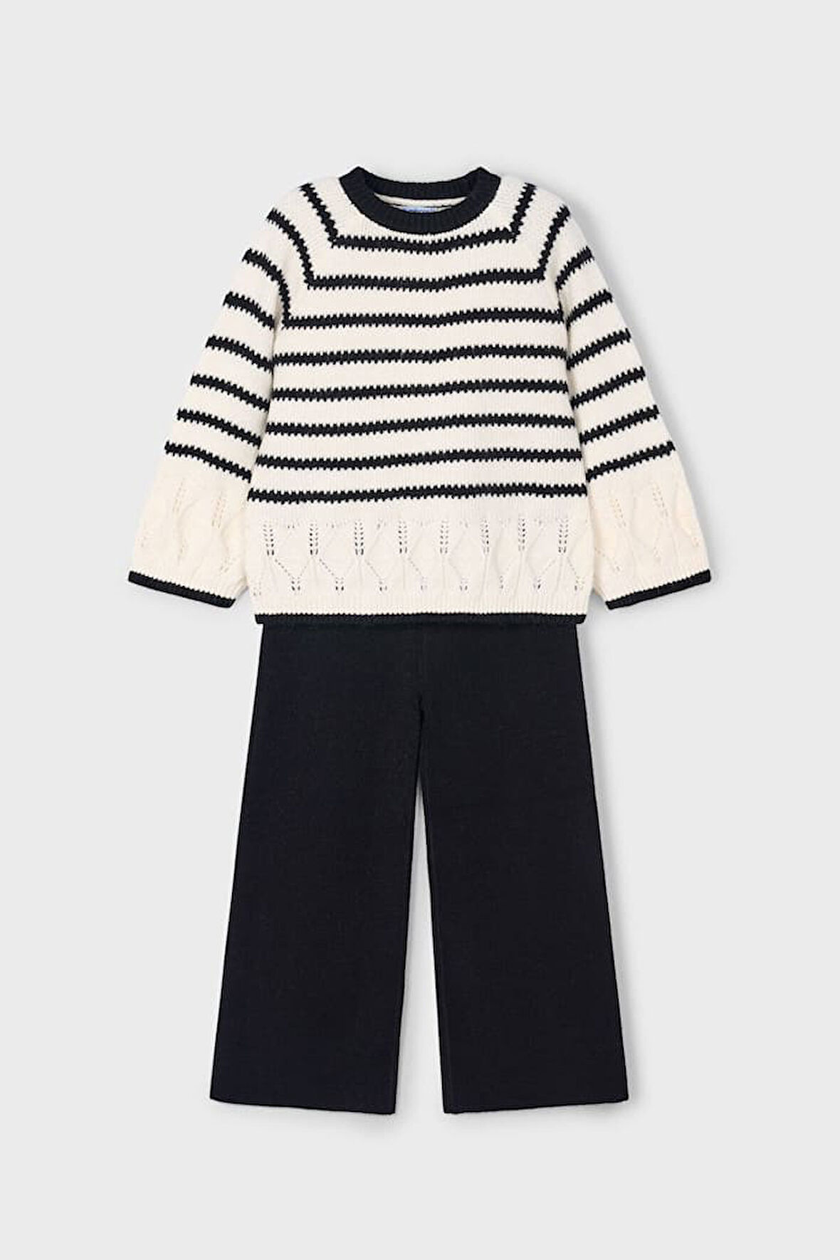 Kız Çocuk Çizgili Ajur Detaylı Geniş Paça Triko Takım - Siyah/Ekru | 10 Yaş