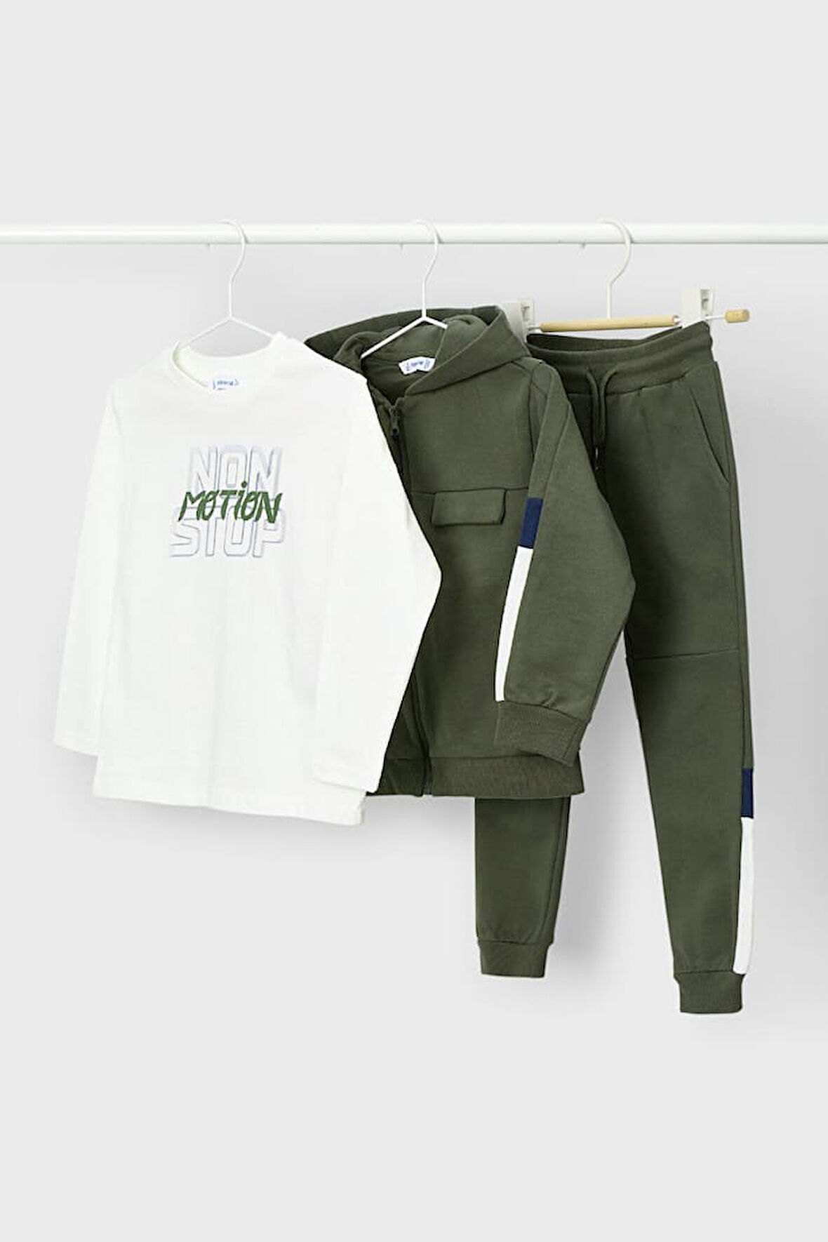 Erkek Çocuk Renk Bloklu Kapüşonlu 3 Parça Eşofman Takımı - Haki/Krem | 4 Yaş
