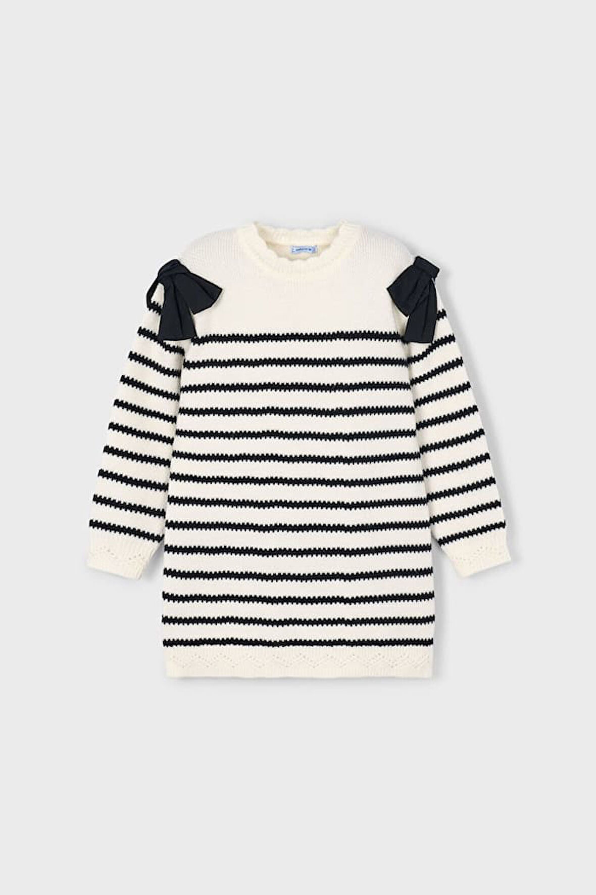 Kız Çocuk Düz Kesim Omuzları Fiyonklu Çizgili Triko Elbise - Krem | 10 Yaş