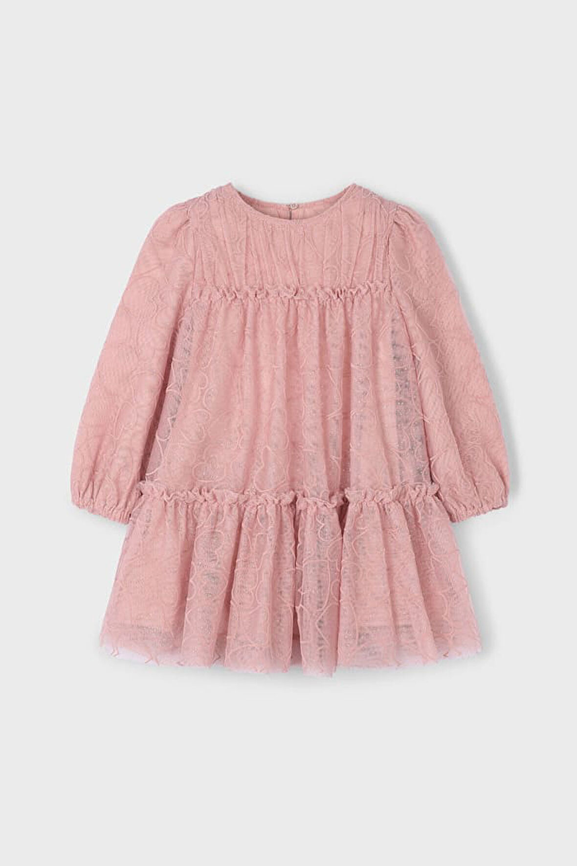 Kız Çocuk Desenli Kat Kat Tül Elbise - Pudra Pembe | 6 Yaş