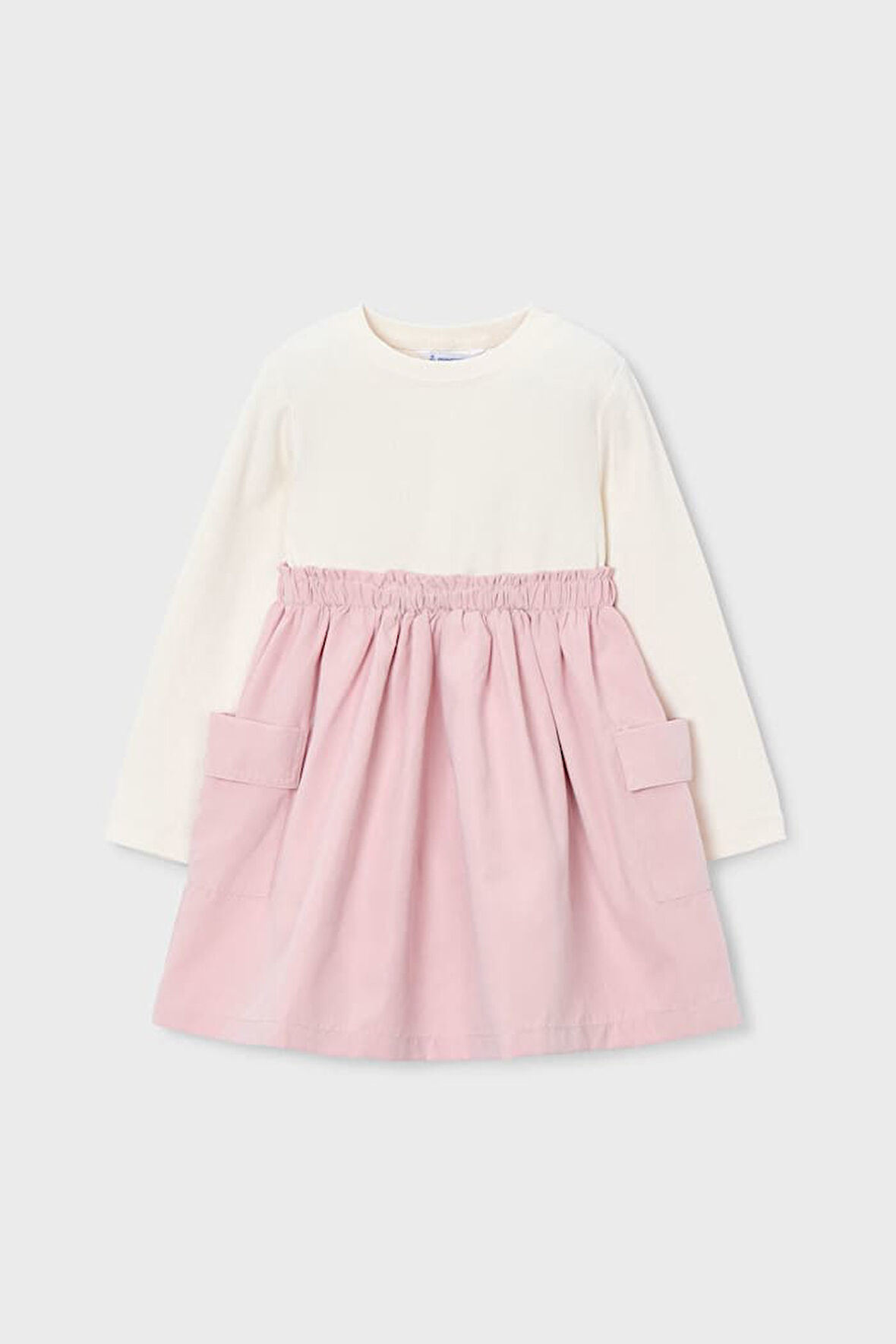 Kız Çocuk Standart Kalıp Kargo Cepli Kombin Görünümlü Elbise - Krem/Pembe | 5 Yaş