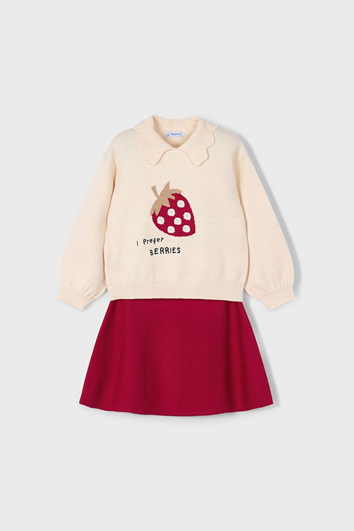 Kız Çocuk Rahat Kalıp Çilek Desenli Kazak ve Etek Takımı - Kırmızı/Krem | 10 Yaş
