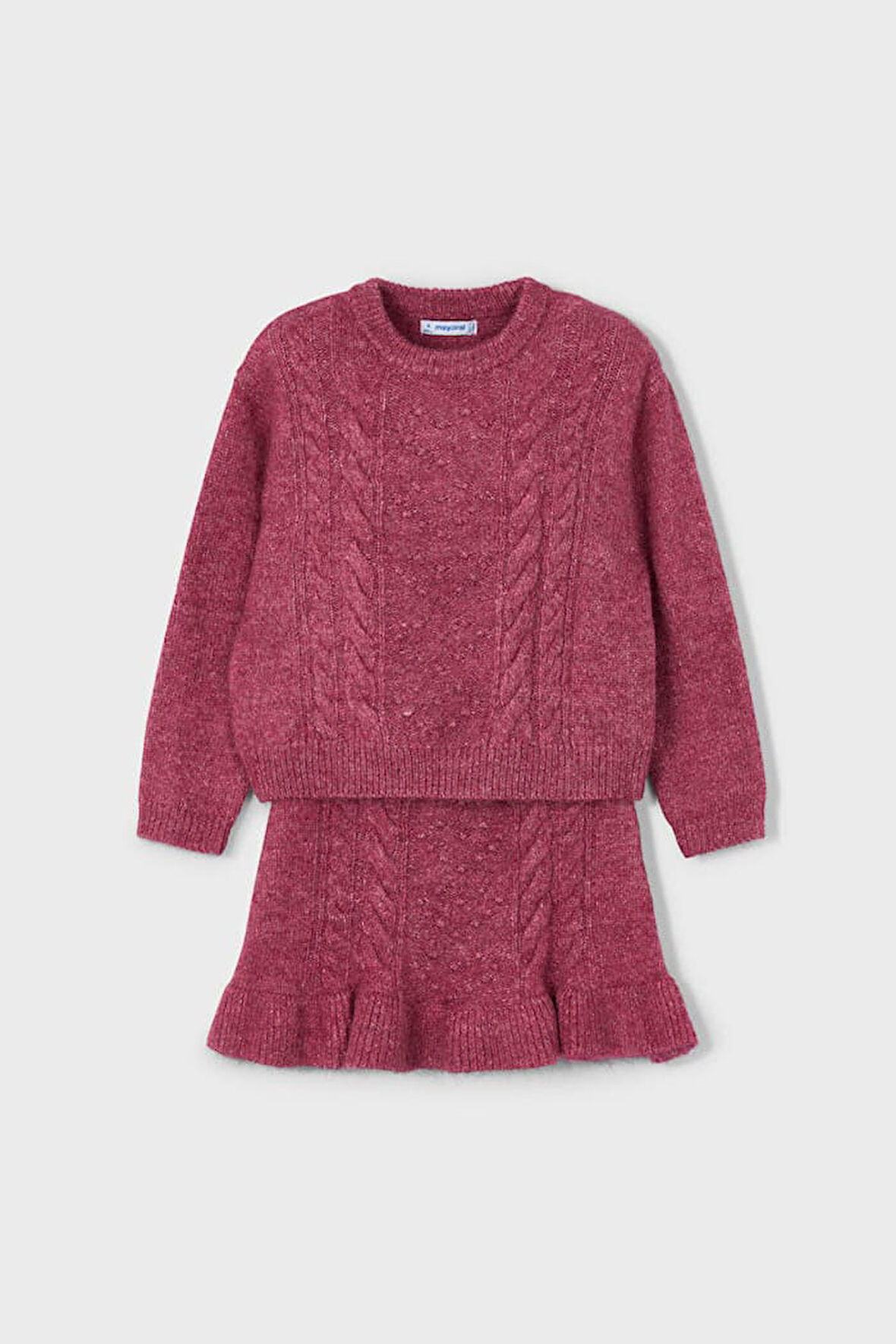 Kız Çocuk Saç Örgüsü Desenli Etekli Triko Takım - Vişne | 10 Yaş