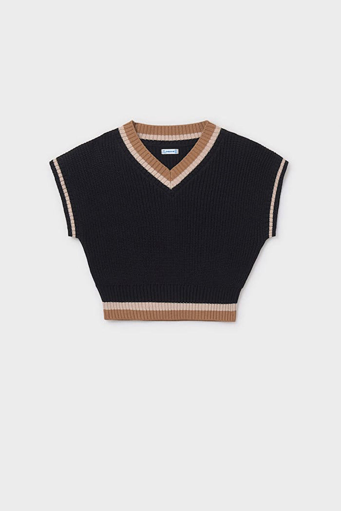Kız Çocuk V Yaka Kontrast Şeritli Triko Süveter - Siyah | 16 Yaş