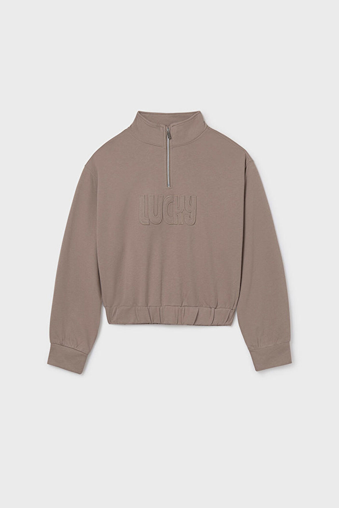 Kız Çocuk Yarım Fermuarlı Kabartma Yazılı Sweatshirt - Vizon | 14 Yaş