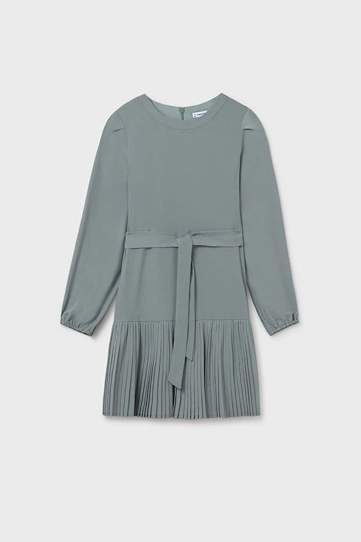 Kız Çocuk Normal Kalıp Eteği Piliseli ve Beli Kuşaklı Elbise - Adaçayı Yeşili | 14 Yaş