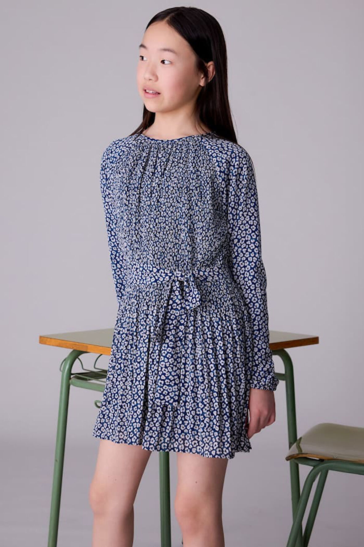 Kız Çocuk Kuşaklı Desenli Pliseli Elbise - Çok Renkli | 10 Yaş