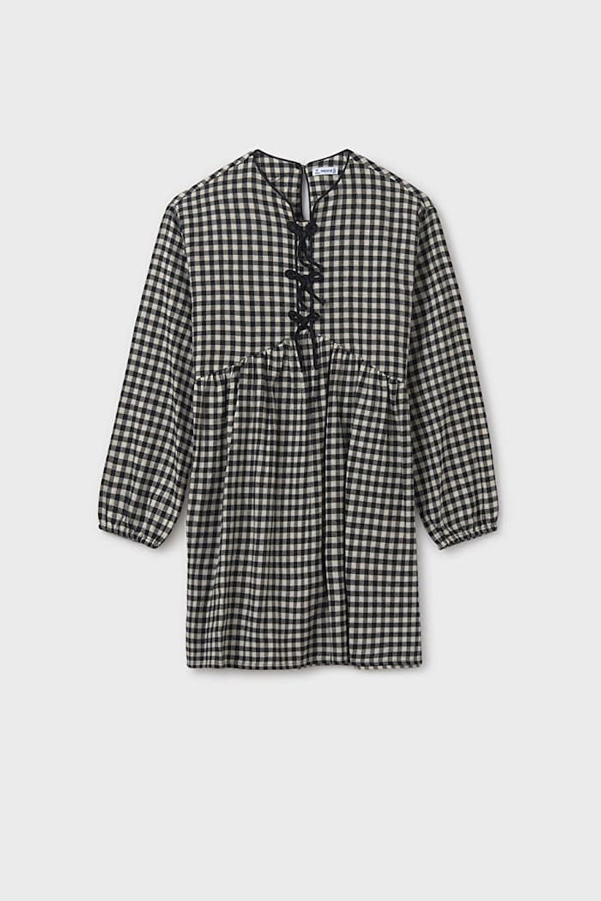 Kız Çocuk Rahat Kalıp Bağcık Detaylı Pötikare Elbise - Siyah | 16 Yaş