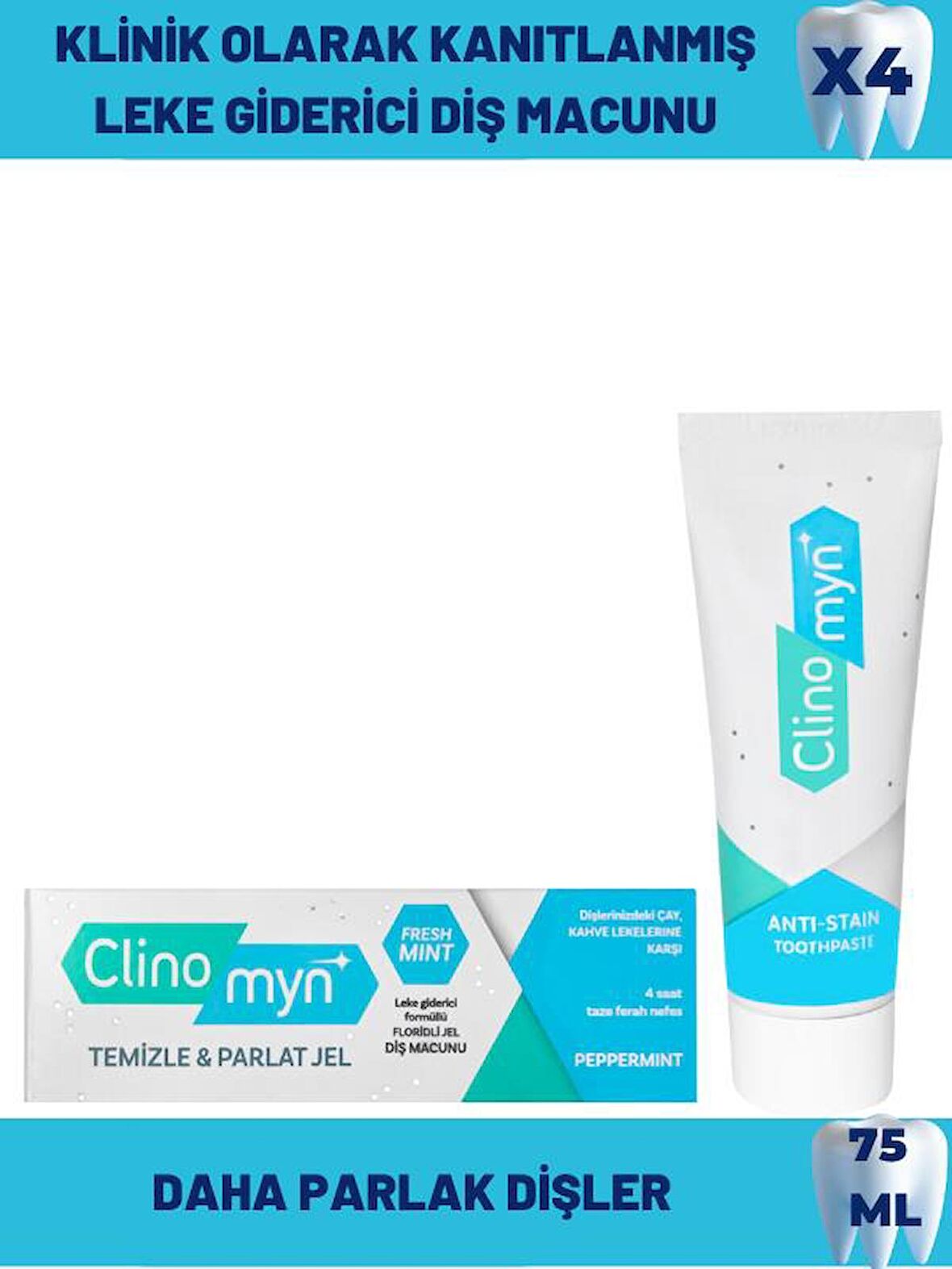 Clinomyn Fresh Temizleme Parlatma Diş Beyazlatan ve Parlatan Jel Diş Macunu 75 ml x 4 Adet