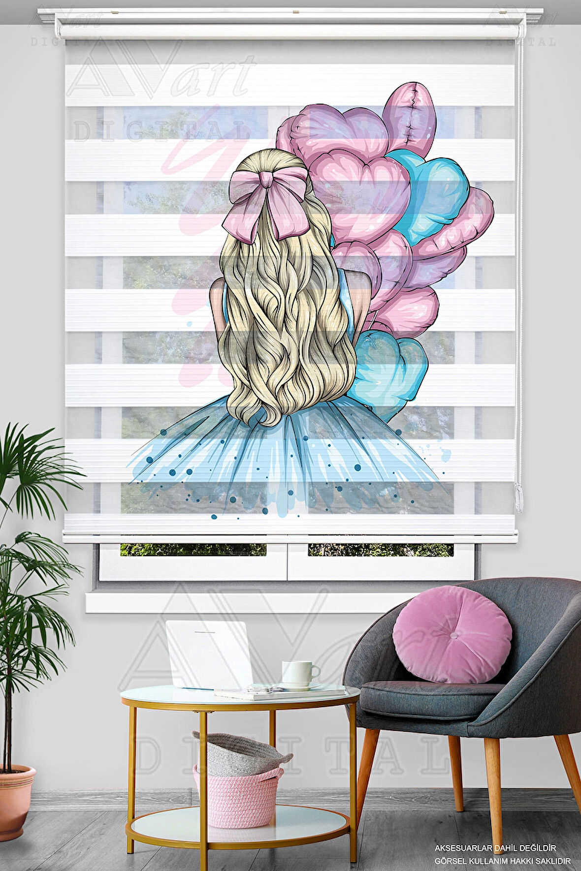 Kalpli Balonlar ve Prenses Baskılı Zebra Stor Perde - Mavi Pembe - Genç Odası Perdesi