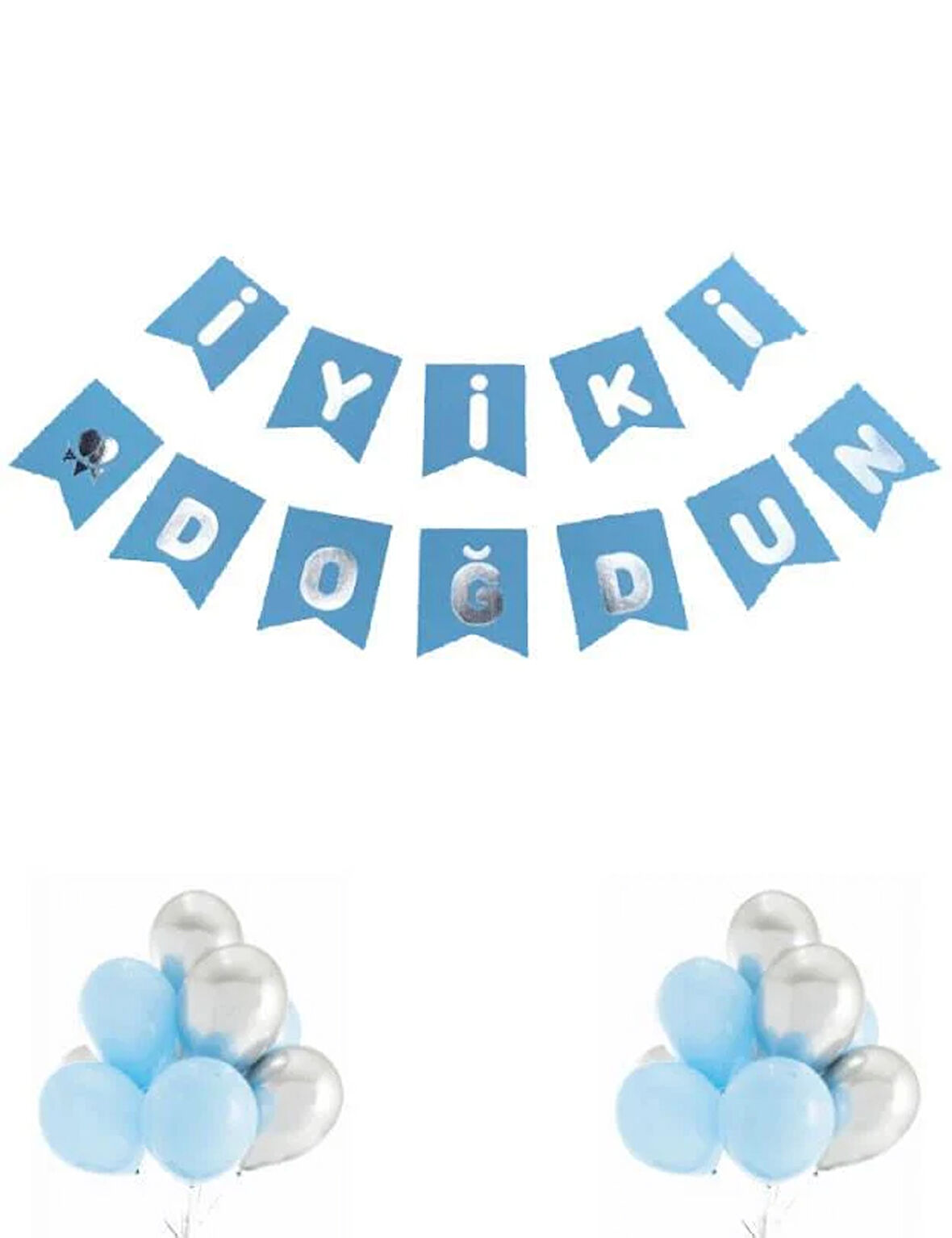 İyi ki Doğdun Banner Mavi Renk Zemin üstüne yazısı Gümüş Varaklı Lüks Karton Doğum Günü Yazısı Flama