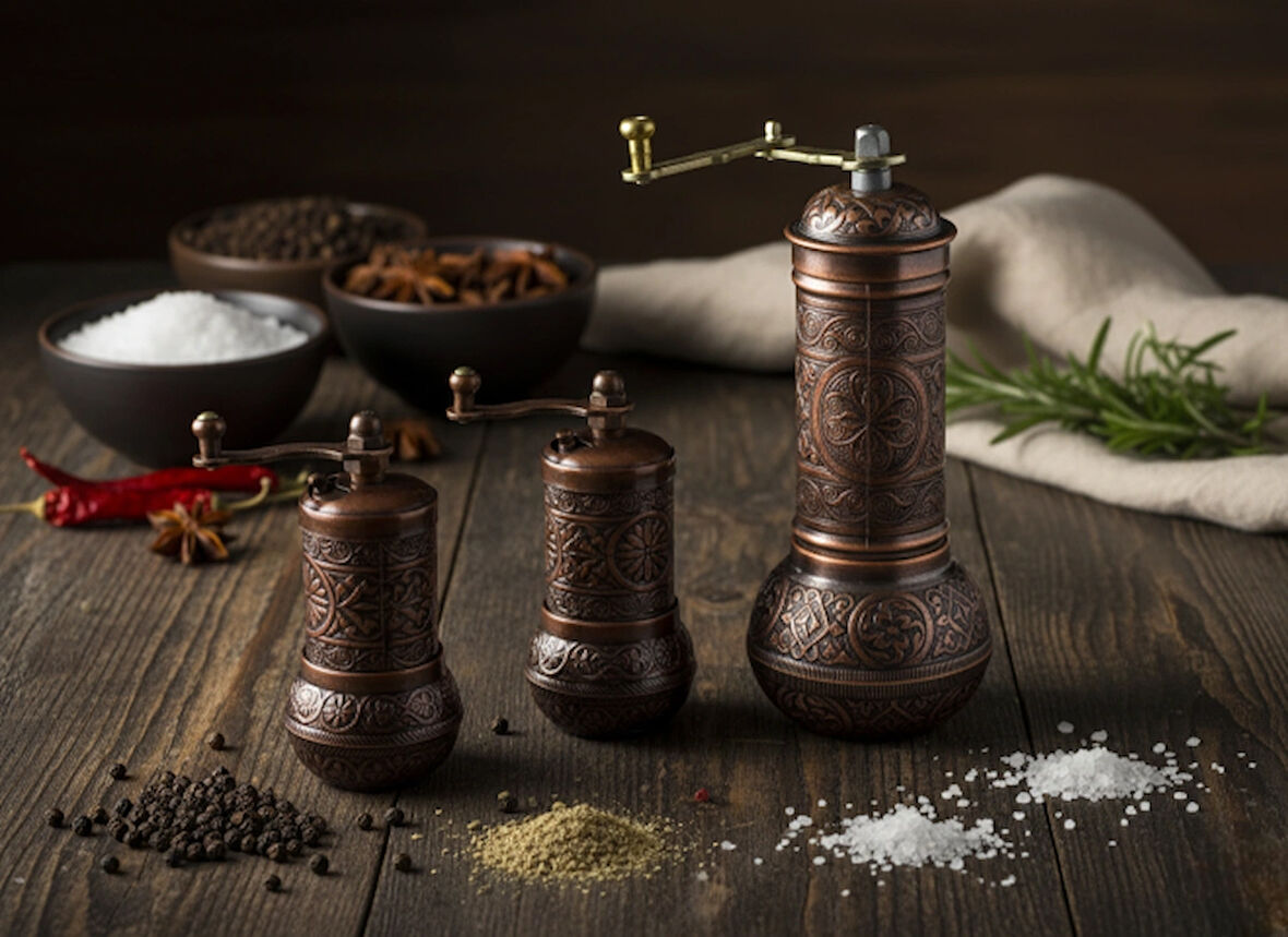 LUDIA Zamak Metal Bakır Renk 3 lü Set Karabiber,Kahve,Çörek Otu El Değirmeni Öğütücü Grinder
