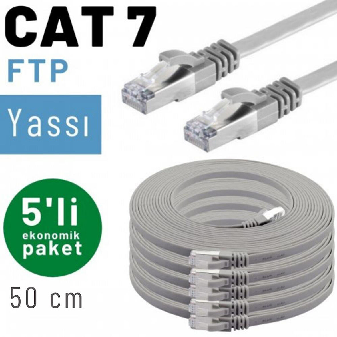 5 adet 50 cm IRENIS CAT7 Kablo Yassı FTP Ethernet Network LAN Kablosu
