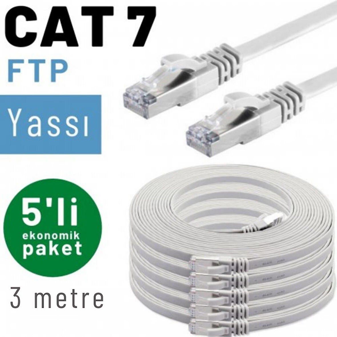 5 adet 3 metre IRENIS CAT7 Kablo Yassı FTP Ethernet Network LAN Kablosu