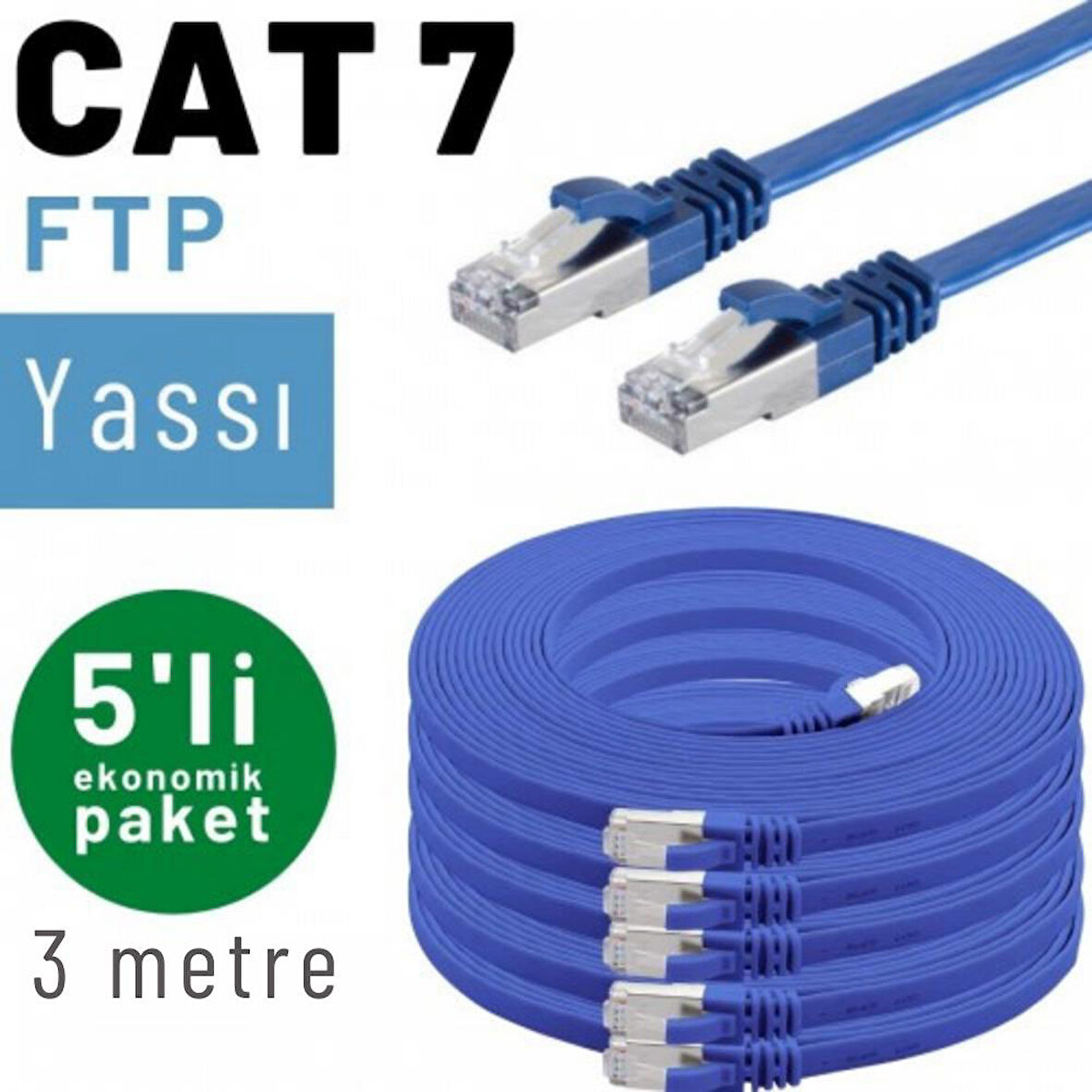 5 adet 3 metre IRENIS CAT7 Kablo Yassı FTP Ethernet Network LAN Kablosu