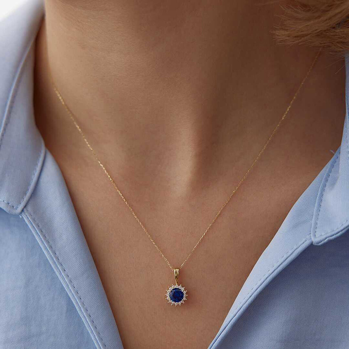 Mavi Yuvarlak Taşlı Kolye