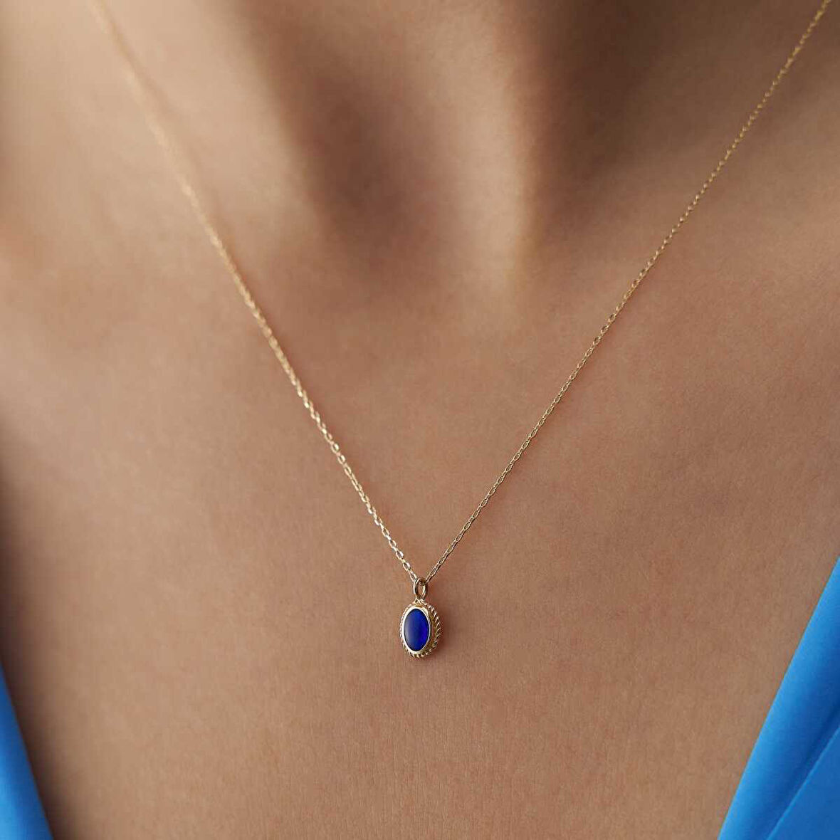 Lacivert  Mineli Vintage Kolye