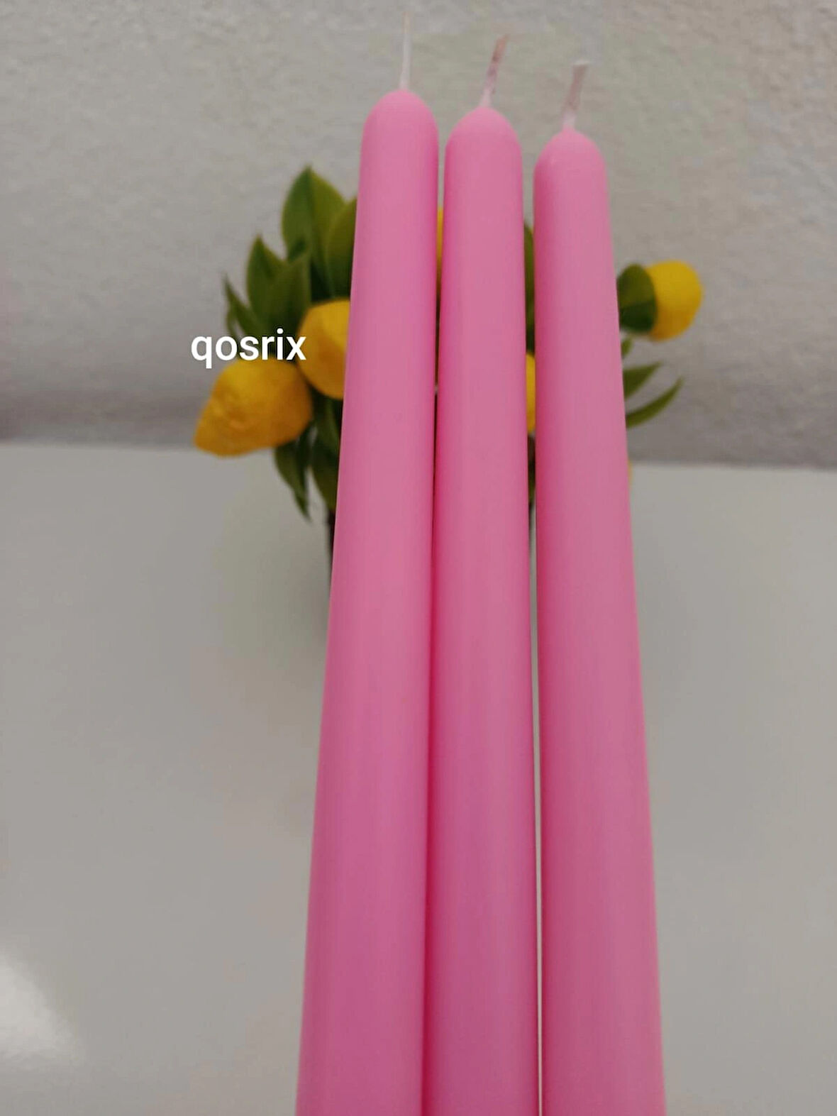 qosrix 3'lü Pudra Pembe Şamdan Soya Mumu 1. Kalite Doğal Pudra Kokulu Uzun Çubuk Konik Mum Dekoratif