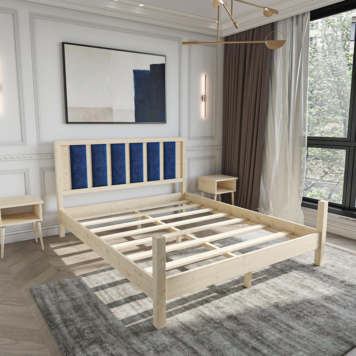 Orion Model Lacivert Puflu Başlıklı Doğal Çam Ahşap Karyola