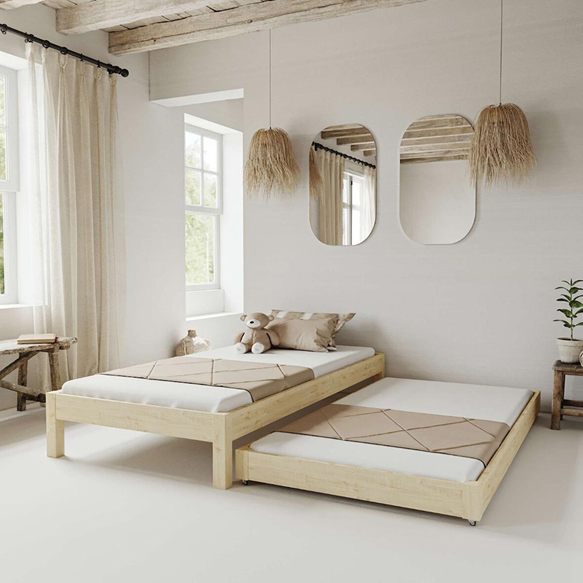 Canvas Model Yavrulu Doğal Çam Ahşap Karyola