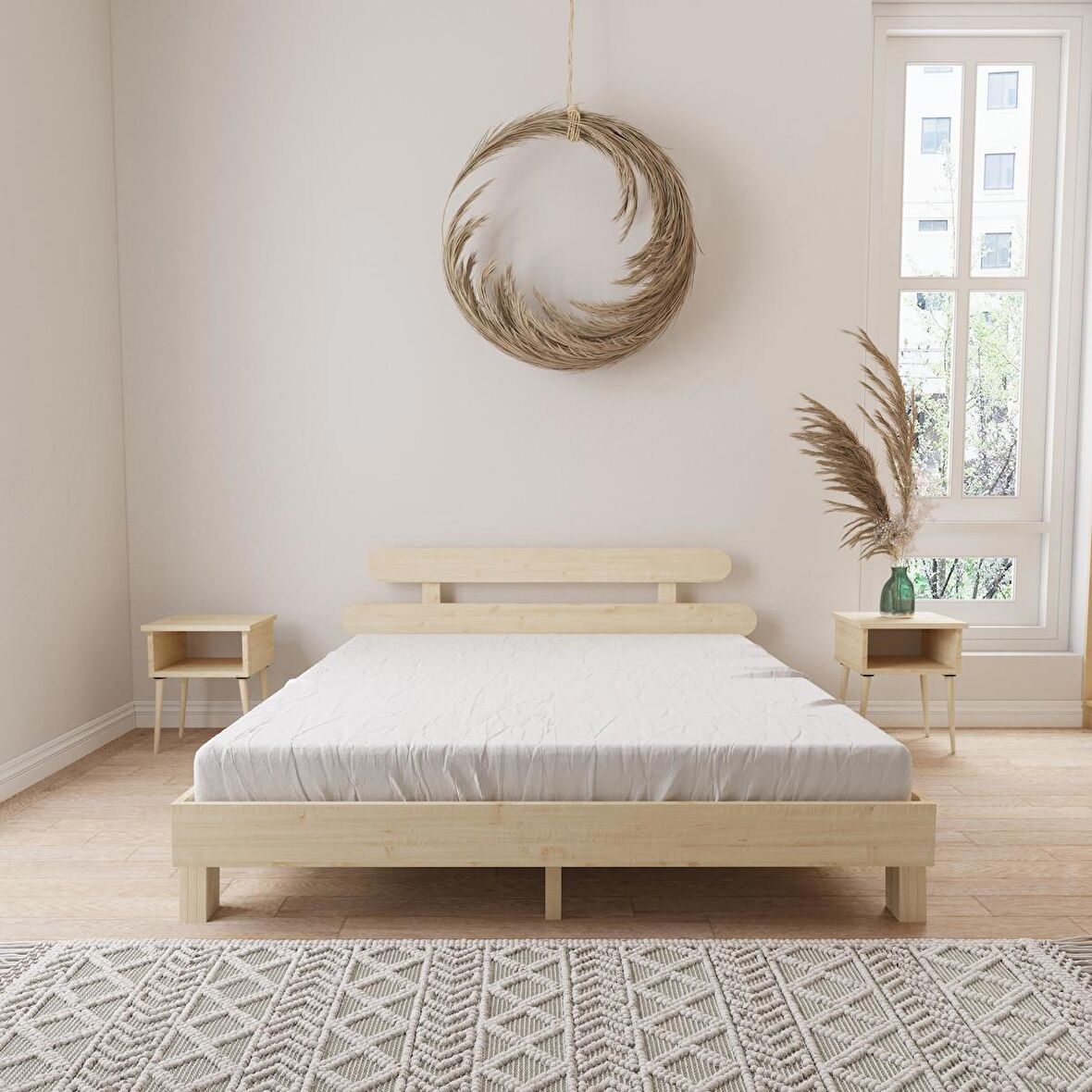 Damla Model Doğal Ahşap Karyola Ve İki komodin Set