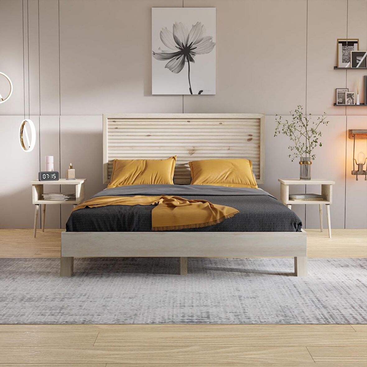 Ebruli Model Vernikli Çam Ahşap Karyola