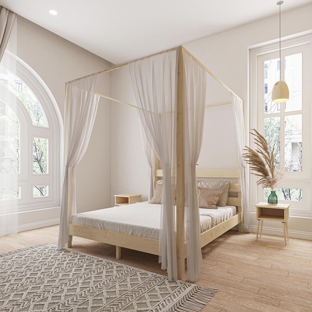 Natura Model Cibinlikli Vernikli Çam Ahşap Karyola Ve İki Komodin Set