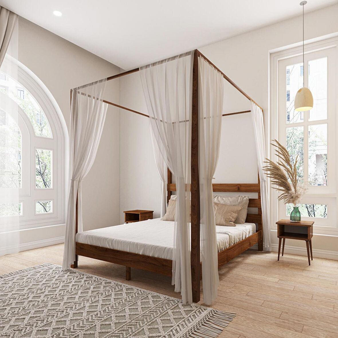 Natura Model Cibinlikli Ceviz Renk Çam Ahşap Karyola Ve İki Komodin Set