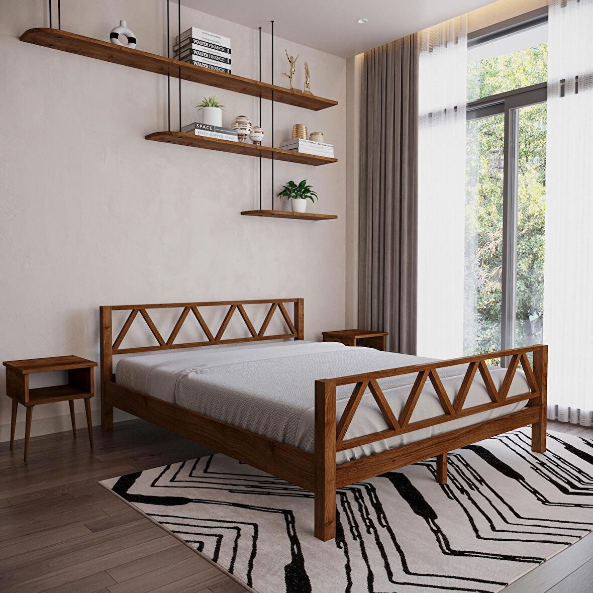 Milena Model Ceviz Renk Çam Ahşap Karyola Ve İki Komodin Set