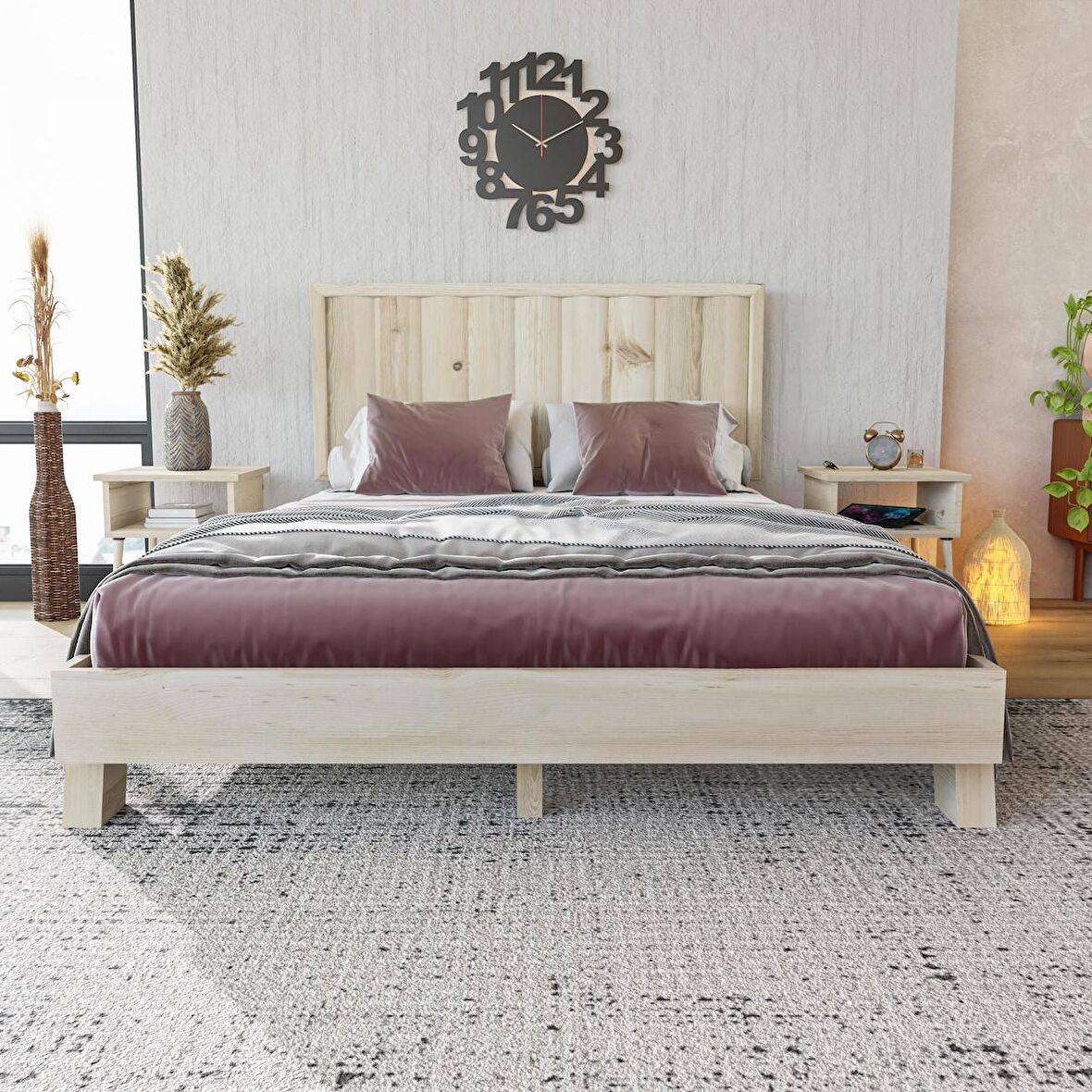 Hüma Model Vernikli Çam Ahşap Karyola ( Dikey )