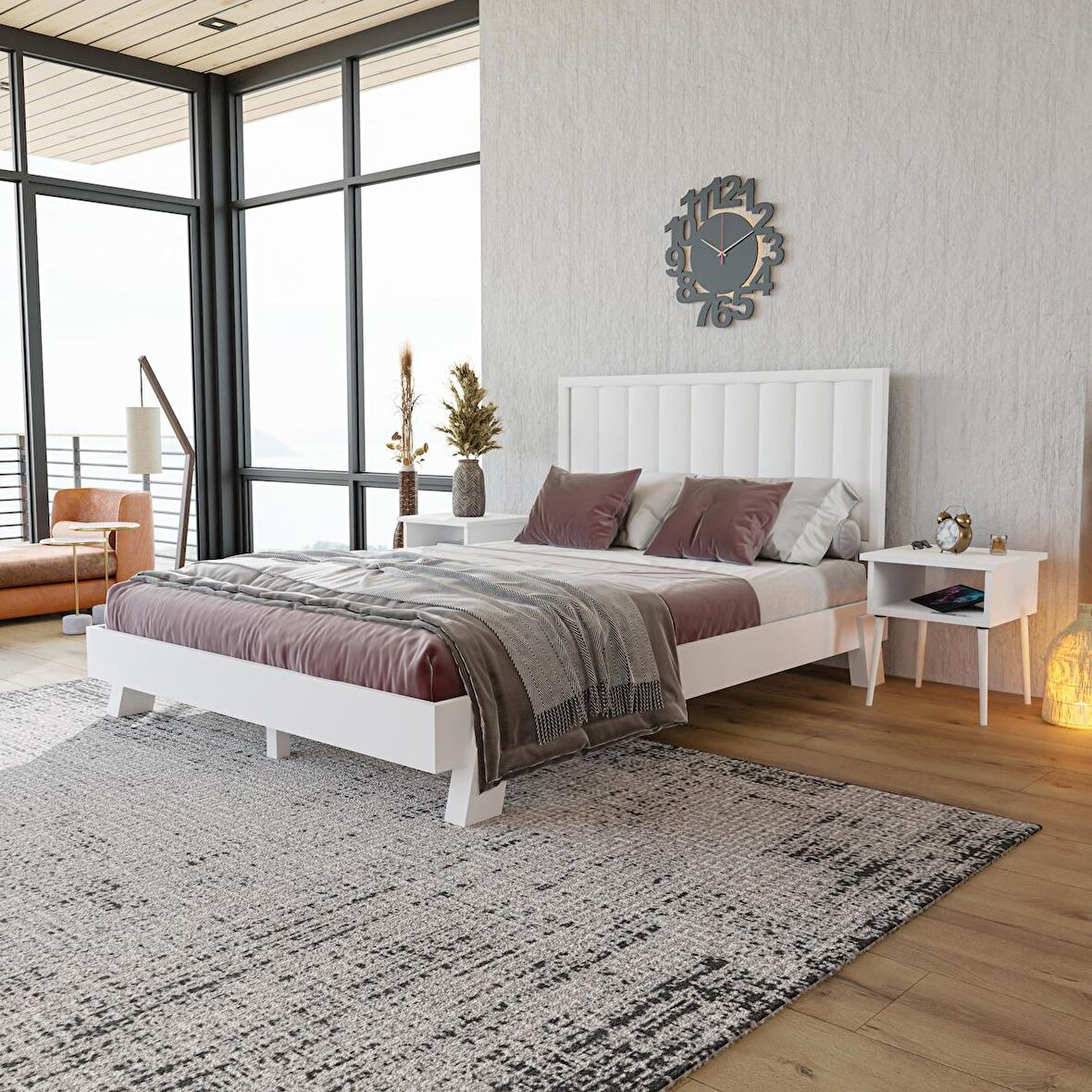 Hüma Model Beyaz Renk Çam Ahşap Karyola ( Dikey )