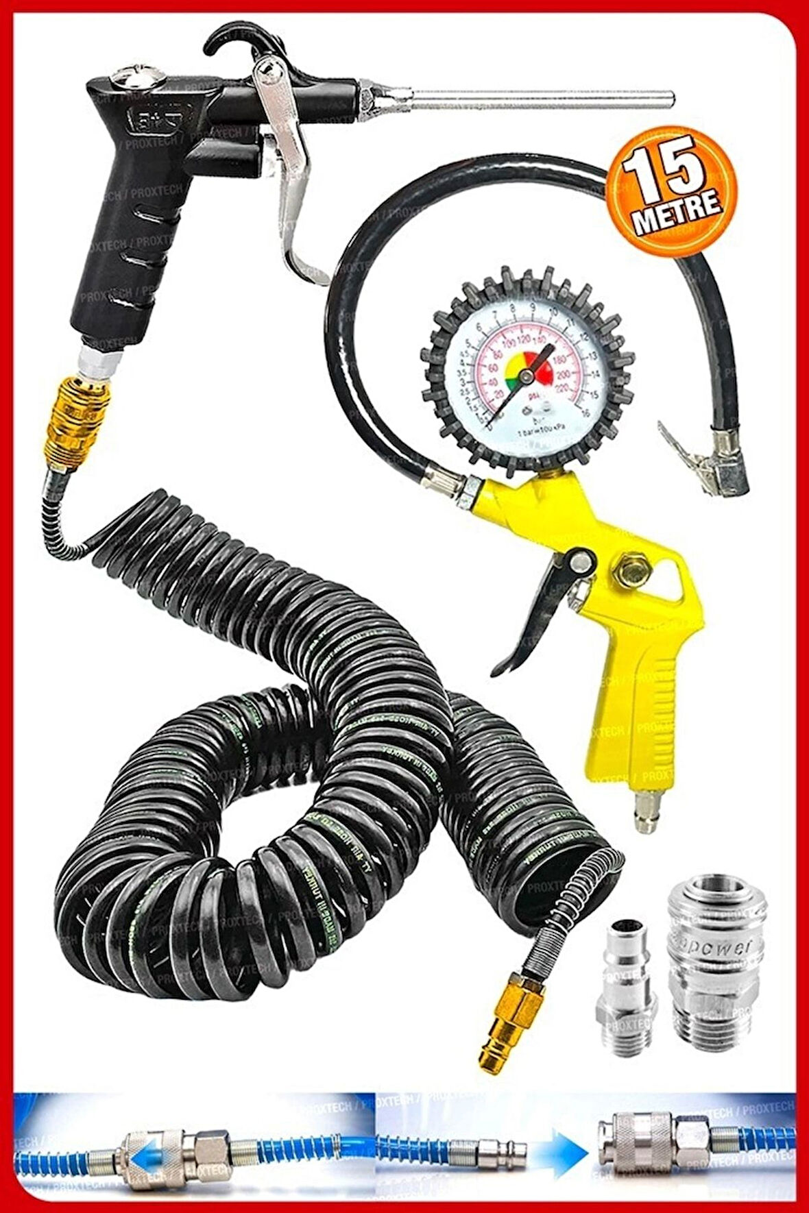 Havalı Kompresör Saatli Lastik Şişirme, 7,5 Mt spiral Hortumu,hava Tabancası Hava Recor Paket Set