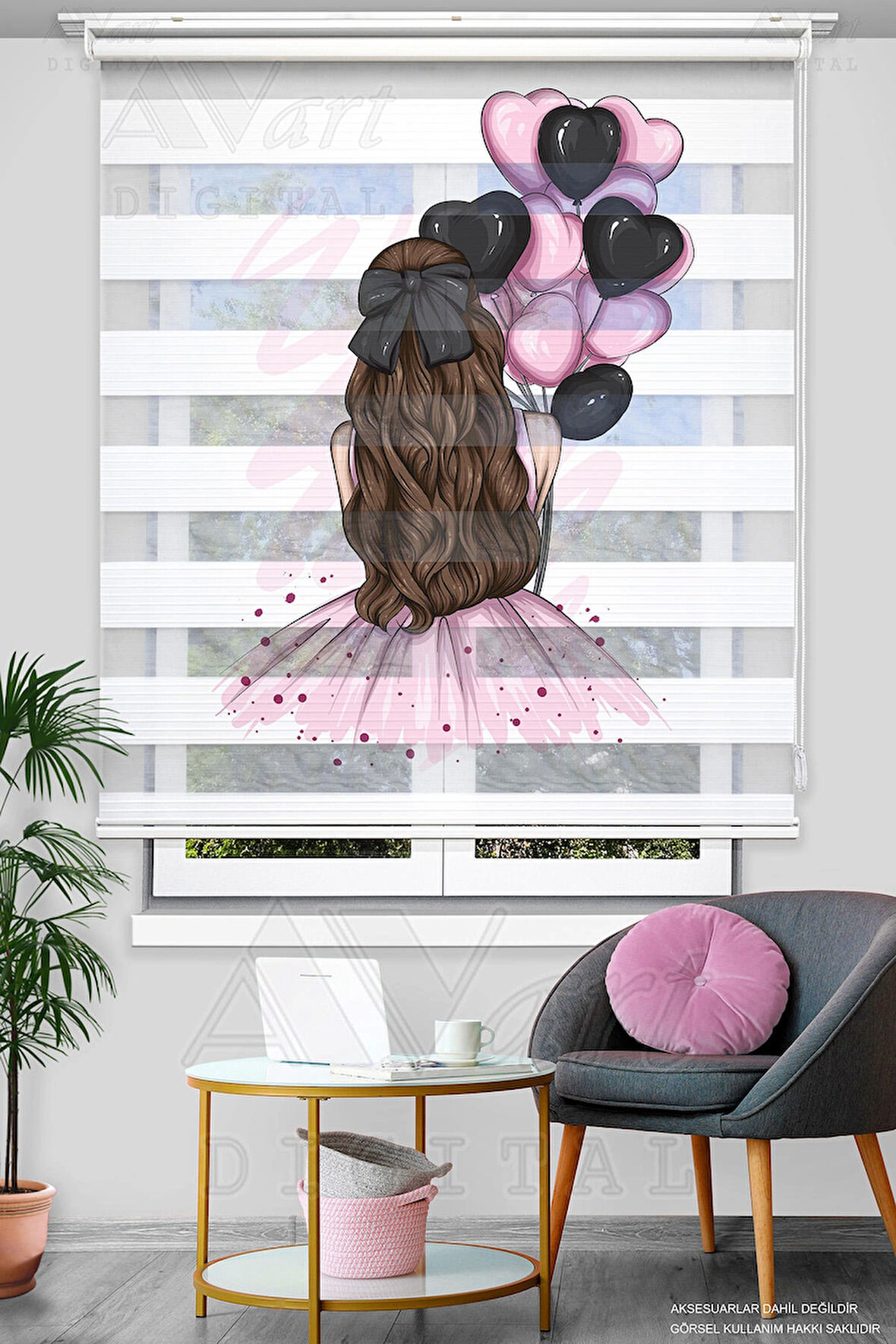 Kalpli Balonlar ve Prenses Baskılı Zebra Stor Perde - Siyah Pembe - Genç Odası Perdesi
