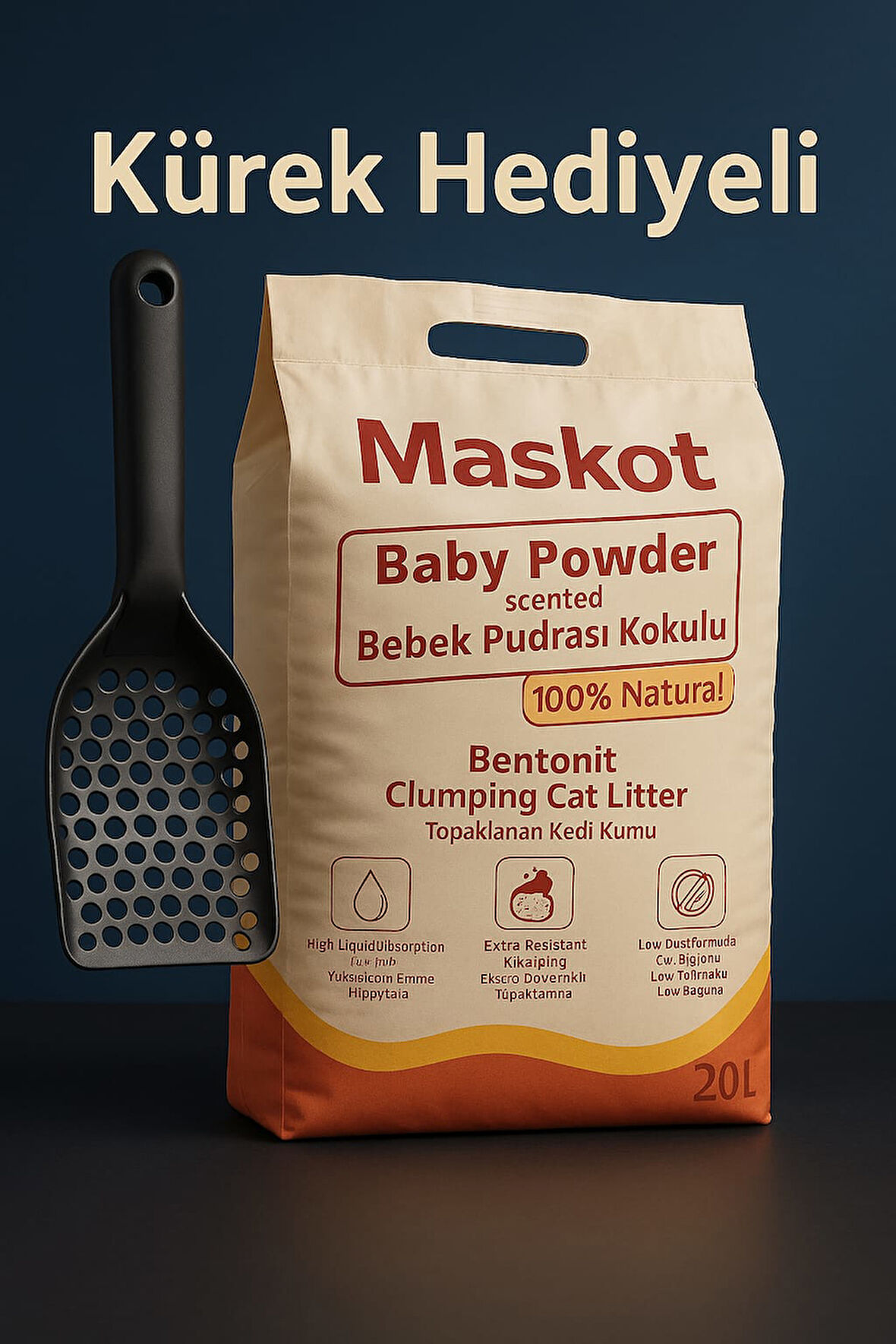 Maskot Kedi Kumu Pudra Kokulu 20 lt Kürek Hediyeli