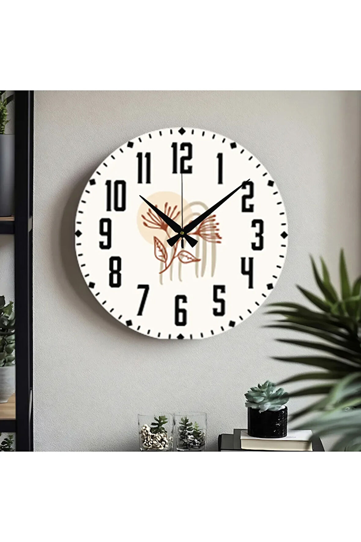 Çiçek desenli Dekoratif Türkçe Rakamlı UV Baskılı Duvar Saati (Sessiz) Akar Mekanizma Metal Akrep