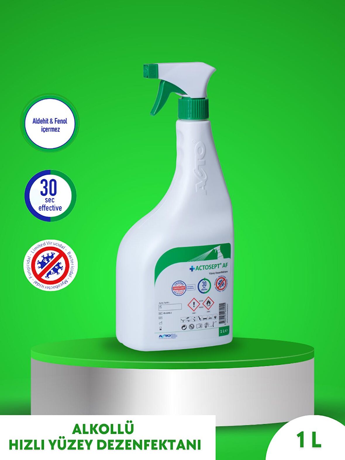 ACTOSEPT® AF 1 litre 3 adet | Kullanıma Hazır Alkollü Yüzey Dezenfektanı 30 saniyede Etkili