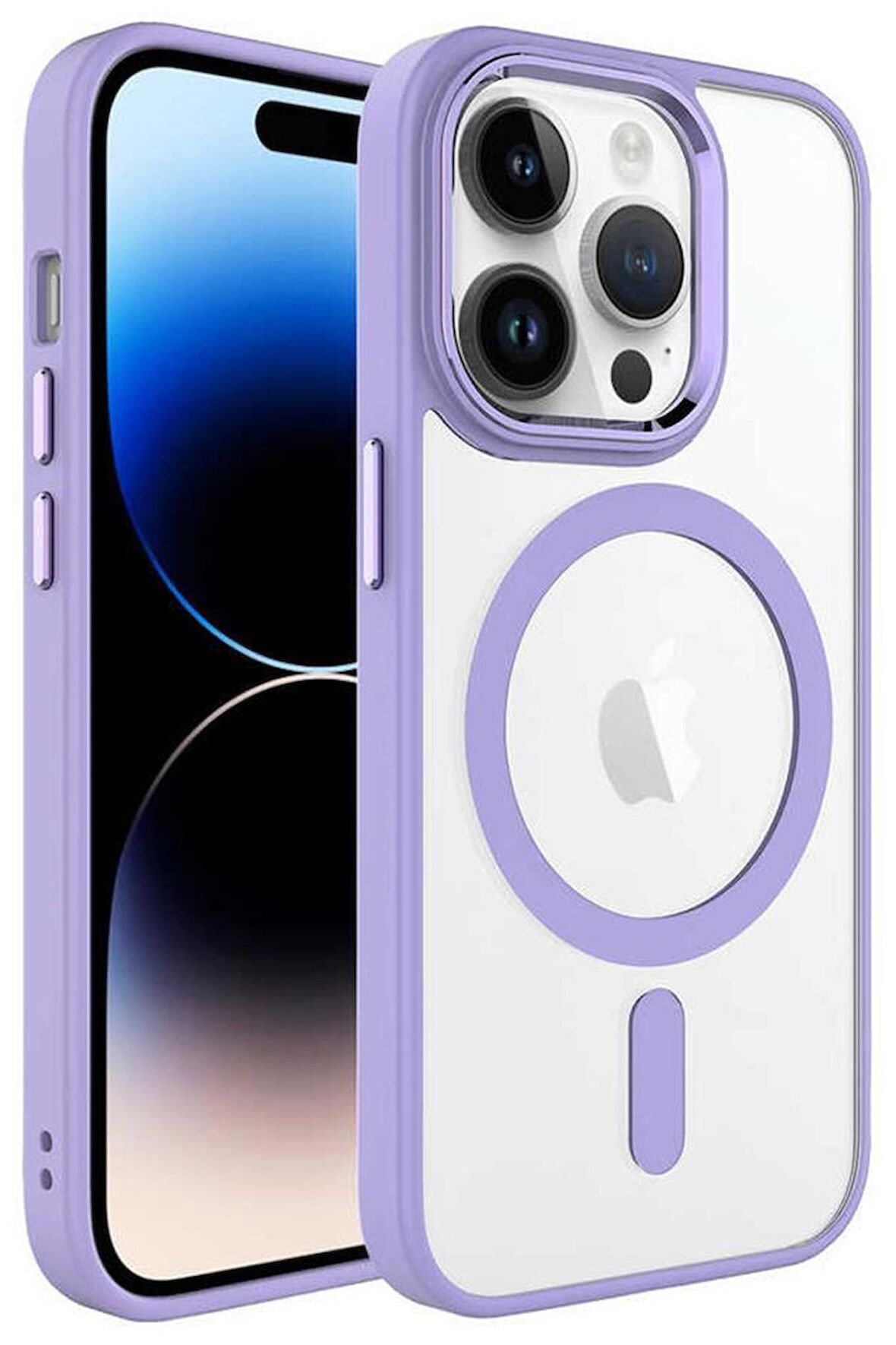 Apple iPhone 14 Pro Max Kılıf Renkli Kenar Şeffaf Kamera Çevresi Metal Magsafe TPU Silikon