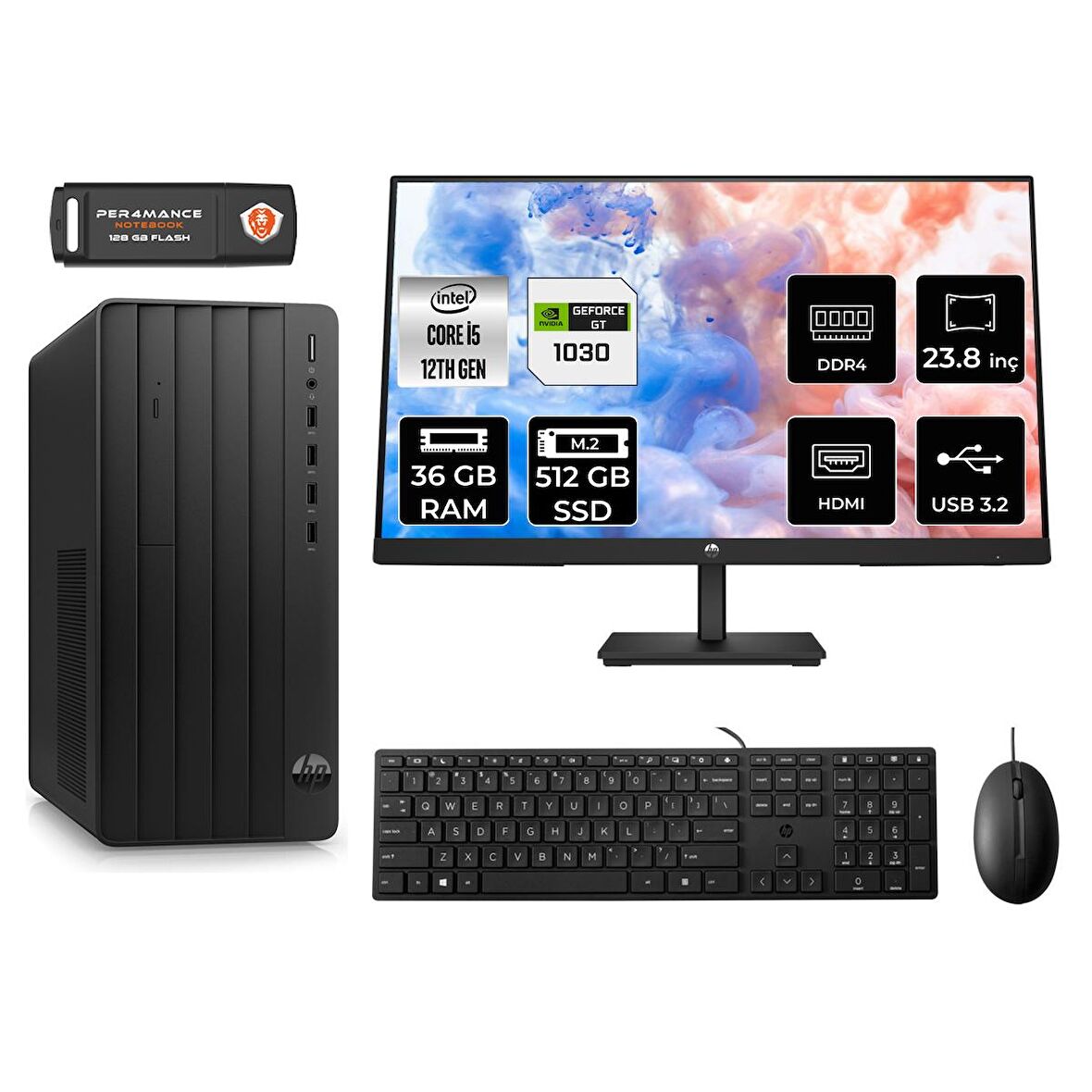 HP TOWER 290 G9 i5 12500 36GB RAM 512GB SSD GT1030/4GB FDOS 6D3A5EA MASAÜSTÜ PC & 23.8'' MONİTÖR