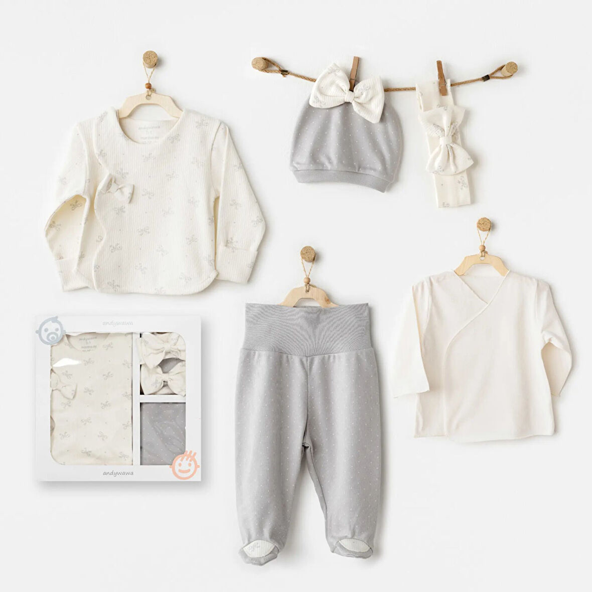 Andywawa AC26250 Baby Bow Bliss 5'li Hastane Çıkışı Ekru