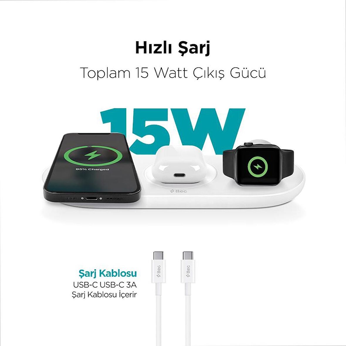 Ttec Masaüstü Şarj İstasyonu 3in1 15W Telefon Apple Watch Uyumlu Kulaklık Şarj Standı İphone 11 12 13 14 15 Pro Max Şarj