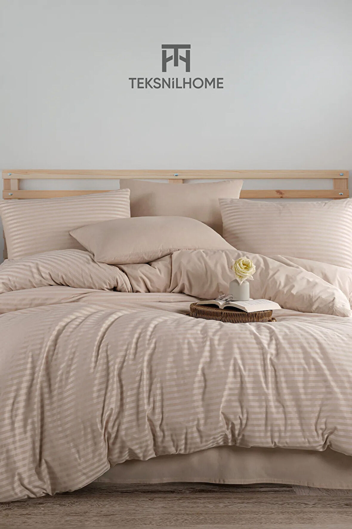 %100 Pamuklu Bej Natural Stripe Nevresim Takımı 3 Parça (ÇİFT KİŞİLİK)