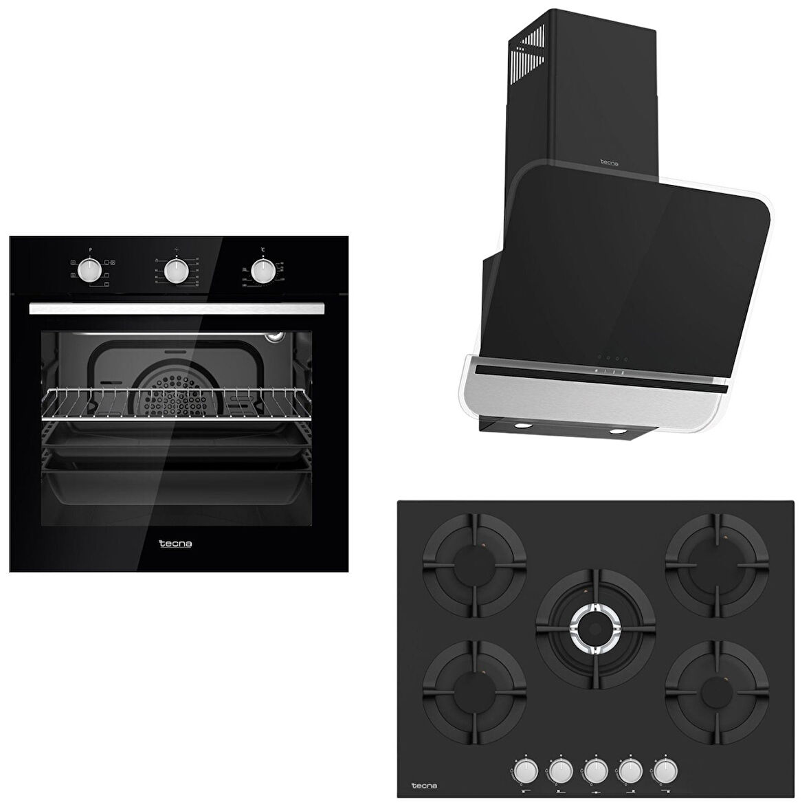 Tecna Siyah Ankastre Set  (8471 5 Gözlü Döküm Izgara 70 Cm Ankastre Ocak-8126 6 Fonksiyon Fırın-Tecna 8871 60 cm Duvar Tipi Davlumbaz)
