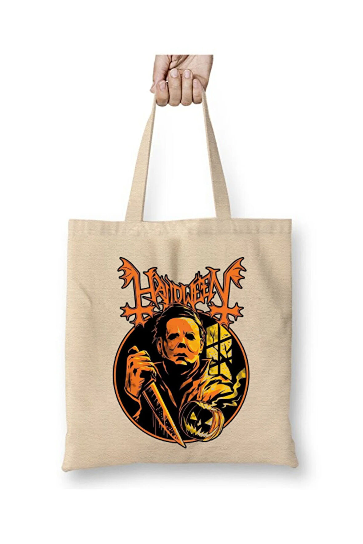 Halloween Cadılar Bayramı Michael Myers Beyaz Bez Çanta Uzun Saplı Alışveriş Çantası Plaj Çantası