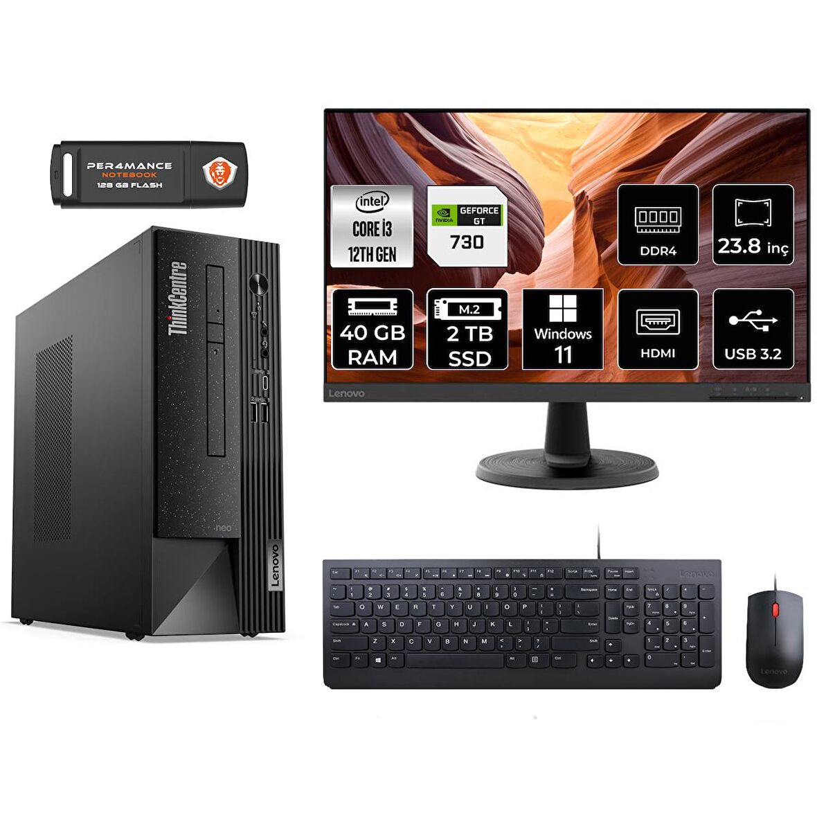 Lenovo ThinkCentre Neo 50S i3 12100 40GB 2TB SSD GT730/4GB W11P 11SX002VTX MASAÜSTÜ PC & 23.8" MONİTÖR