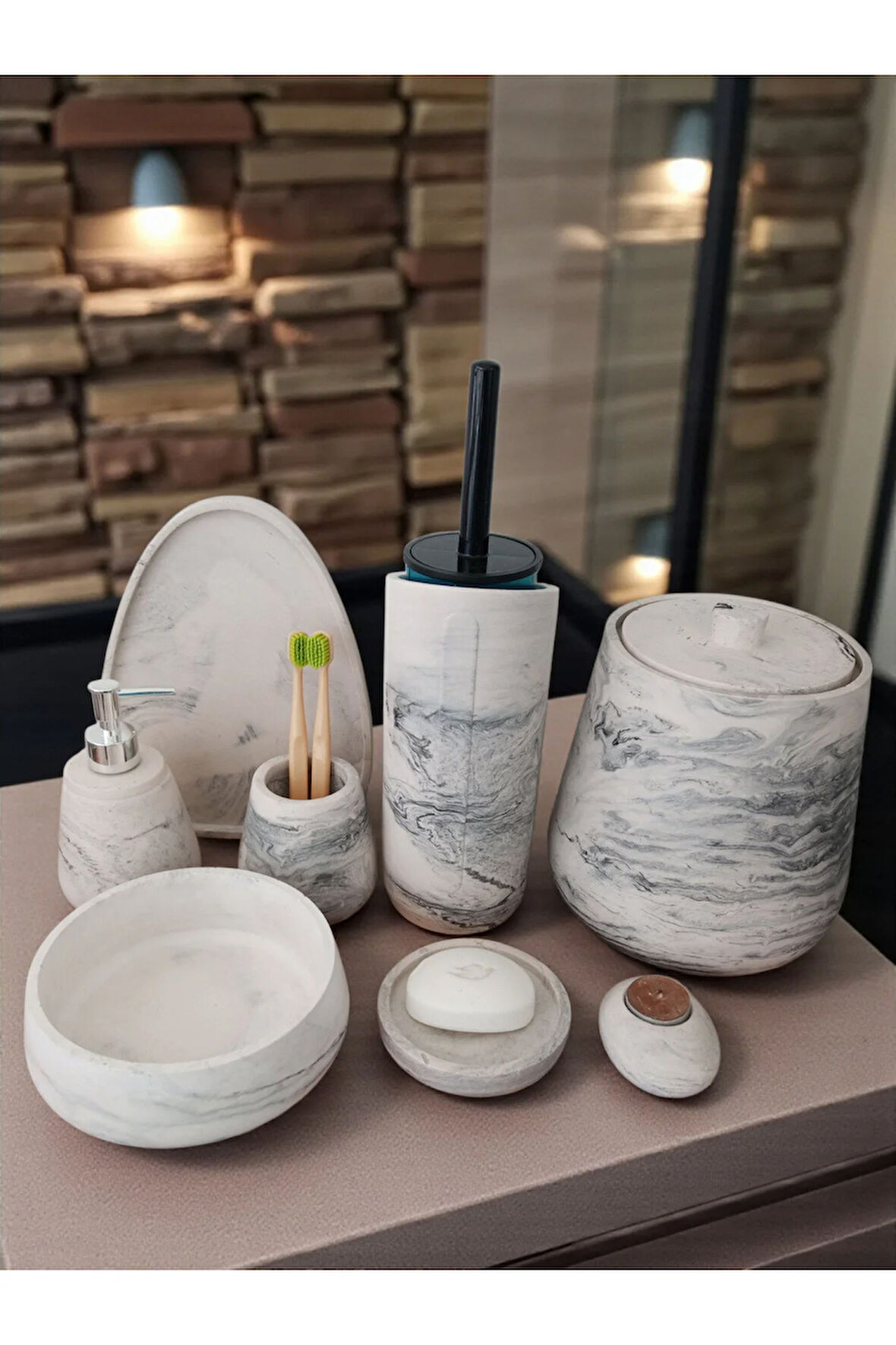 Mermer Desen 11 Parça Beton Banyo Seti,Tuvalet Wc,Çöp Kova,Sabunluk ,Diş Fırçalığı,Tepsi,Aksesuar