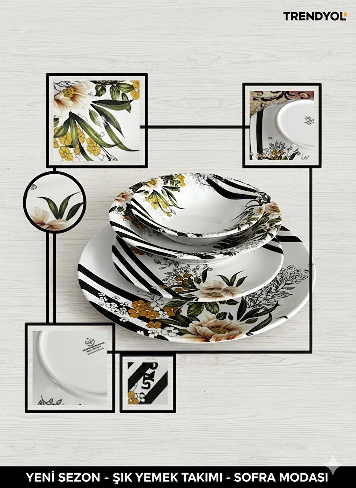 6 Kişilik Modern Çizgili / Floral Desenli 24 Parça Porselen Yemek Seti