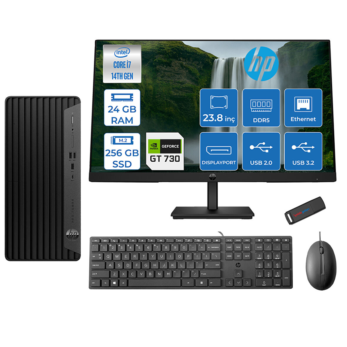 Hp Pro Tower 400 G9 Intel Core I7 14700 24GB Ddr5 256GB SSD 23.8" Fhd Freedos Nvidia GT730-4GB Masaüstü Bilgisayar 235V5M2ESGT730F11 + Zetta USB Bellek