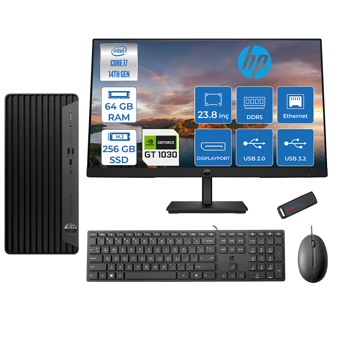 Hp Pro Tower 400 G9 Intel Core I7 14700 64GB Ddr5 256GB SSD 23.8" Fhd Freedos Nvidia GT1030-4GB Masaüstü Bilgisayar 235V5M2ESGT1030F26 + Zetta USB Bellek