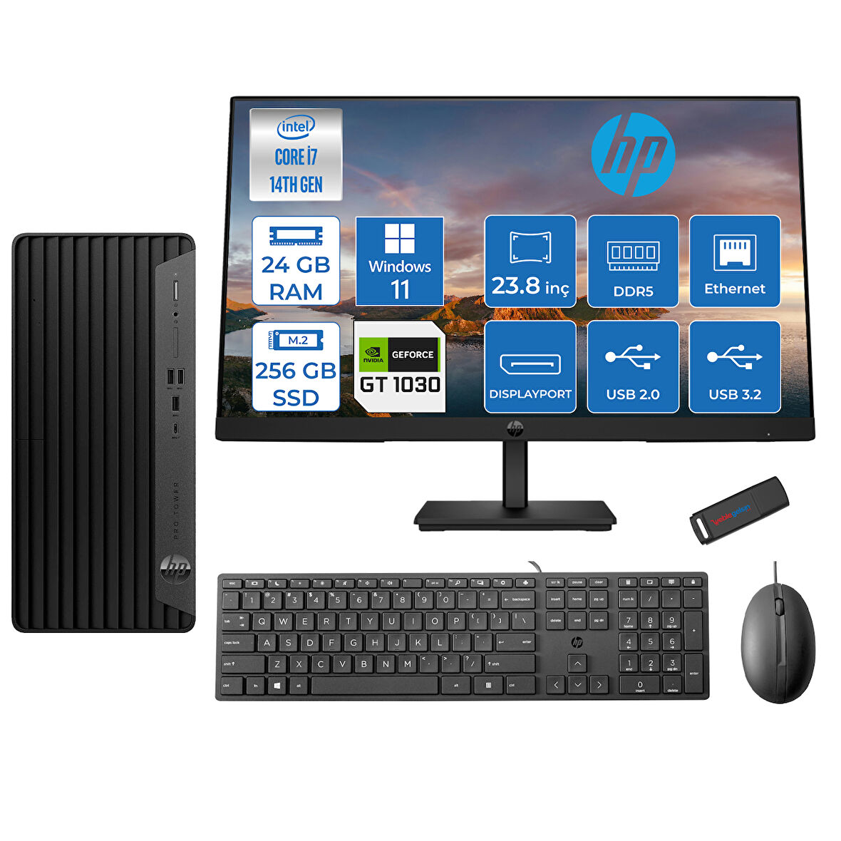 Hp Pro Tower 400 G9 Intel Core I7 14700 24GB Ddr5 256GB SSD 23.8" Fhd Windows 11 Pro Nvidia GT1030-4GB Masaüstü Bilgisayar 235V5M2ESGT1030P11 + Zetta USB Bellek