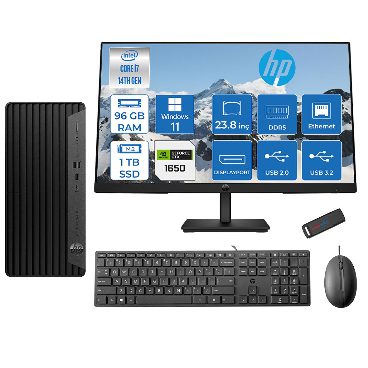 Hp Pro Tower 400 G9 Intel Core I7 14700 96GB Ddr5 1tb SSD 23.8" Fhd Windows 11 Home Nvidia GTX1650-4GB Masaüstü Bilgisayar 235V5M2ESGTX1650H03 + Zetta USB Bellek